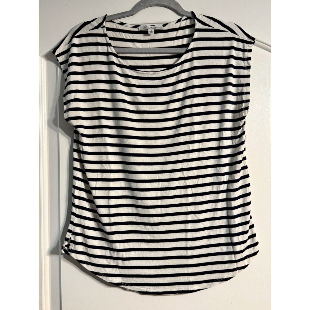 Green Envelope Striped Top Medium Blue White Cap Sleeve Nautical Coastal Classic